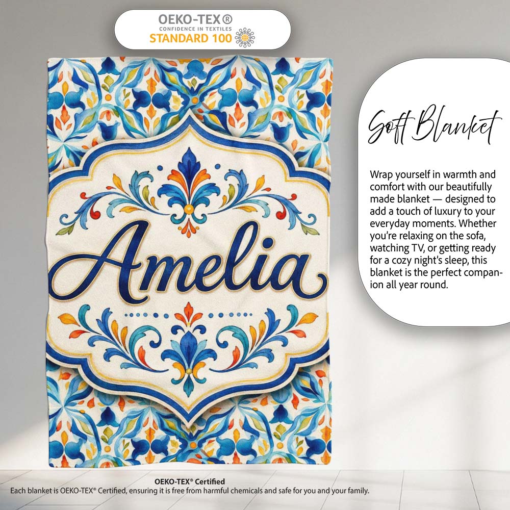Watercolor Mediterranean Tile Blue and Orange Floral Seamless Lovely Personalised Custom Name Super Soft Fleece Blanket Bed Sofa Throw