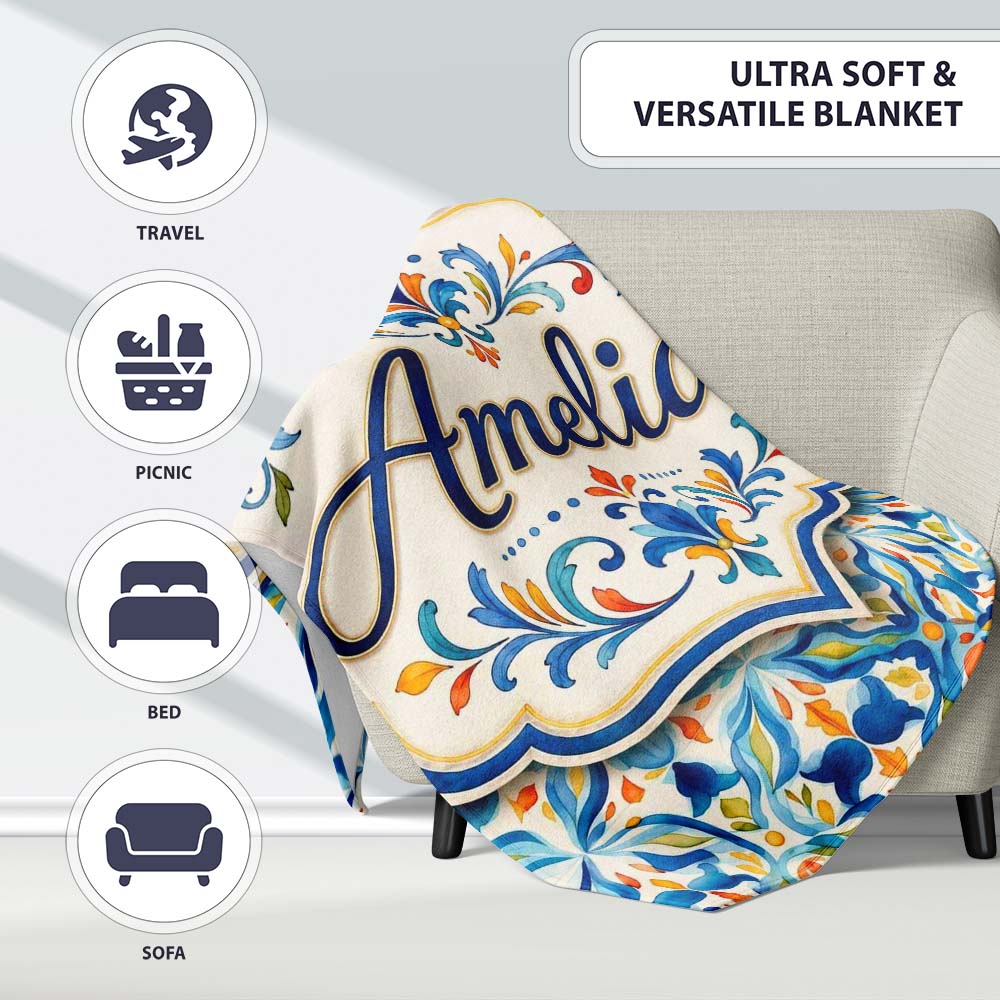 Watercolor Mediterranean Tile Blue and Orange Floral Seamless Lovely Personalised Custom Name Super Soft Fleece Blanket Bed Sofa Throw