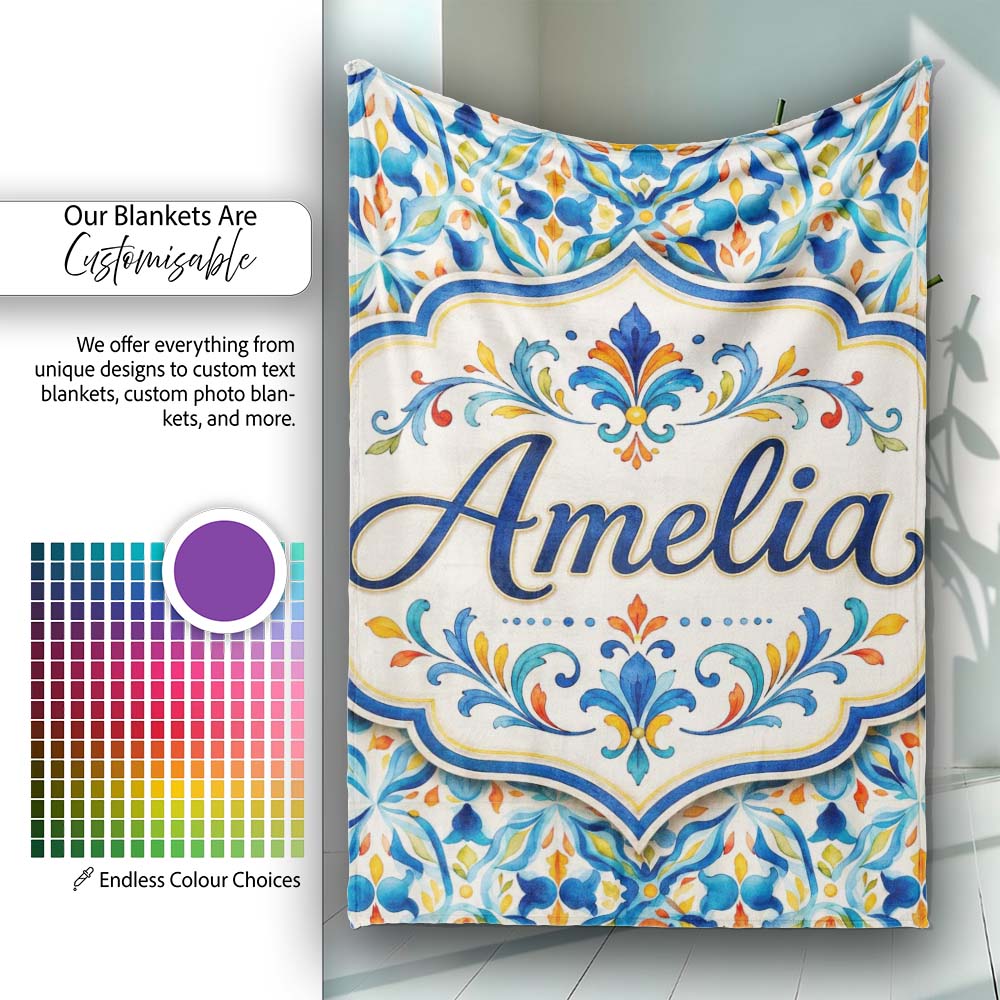 Watercolor Mediterranean Tile Blue and Orange Floral Seamless Lovely Personalised Custom Name Super Soft Fleece Blanket Bed Sofa Throw
