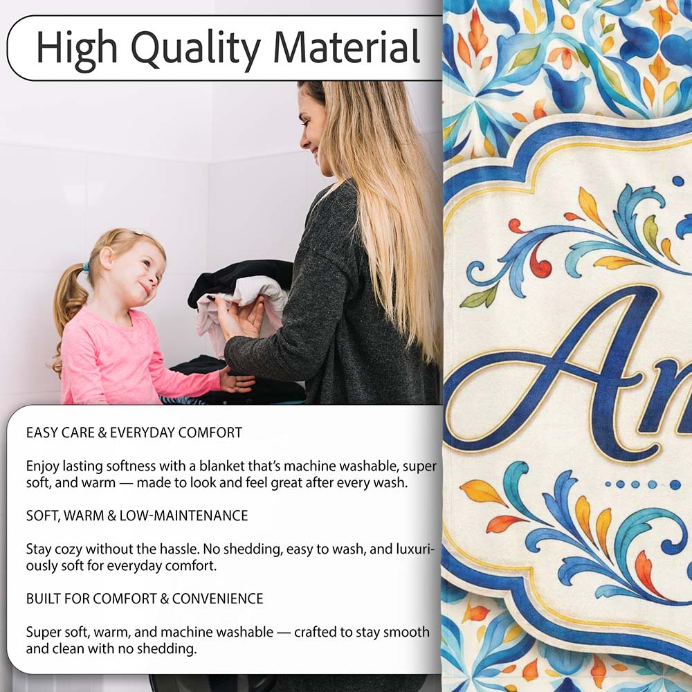Watercolor Mediterranean Tile Blue and Orange Floral Seamless Lovely Personalised Custom Name Super Soft Fleece Blanket Bed Sofa Throw