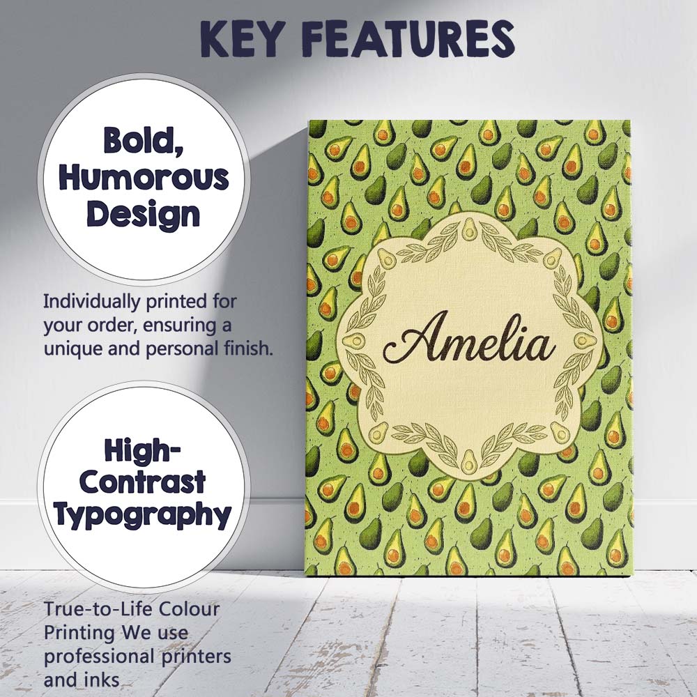 Personalised Name Green Avocado Pear Seamless Pattern Textured Custom Modern Room Accent Canvas Wall Art Print Decor Picture Ready to Hang