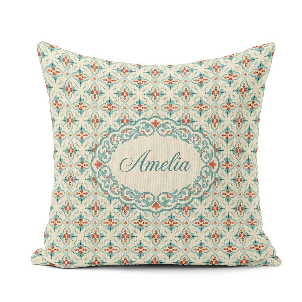 Custom Name Classic Tile Pattern Cream Teal and Seamless Pattern Square Filled Cushion Throw Pillow Sofa Bed Home Decor Zip Washable UK Made