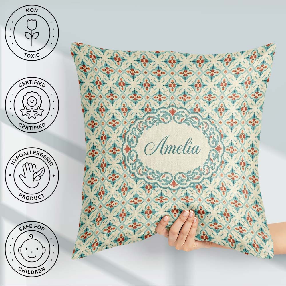 Custom Name Classic Tile Pattern Cream Teal and Seamless Pattern Square Filled Cushion Throw Pillow Sofa Bed Home Decor Zip Washable UK Made