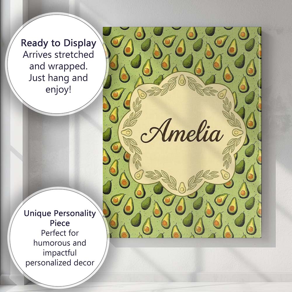 Personalised Name Green Avocado Pear Seamless Pattern Textured Custom Modern Room Accent Canvas Wall Art Print Decor Picture Ready to Hang