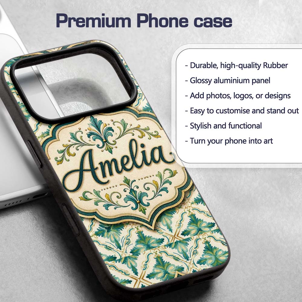 Elegant Geometric Floral Tile Green and Gold Custom Name Protective Phone Case Mobile Cover Durable Everyday Smartphone Shock Resistant