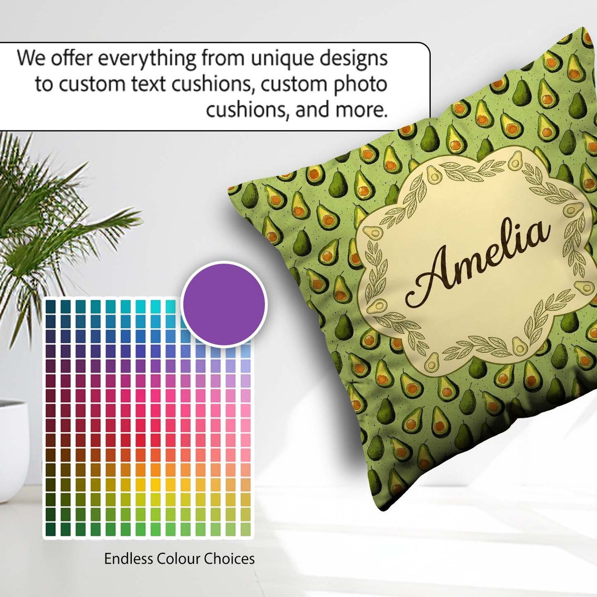Custom Name Green Avocado Seamless Textured Background Botanical Square Filled Cushion Throw Pillow Sofa Bed Home Decor Zip Washable UK Made