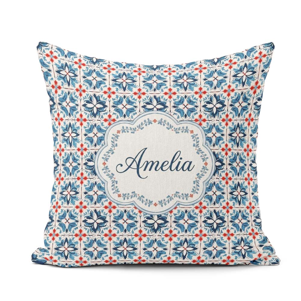 Custom Name Blue Red Floral Tile Motif Seamless Pattern Lovely Square Filled Cushion Throw Pillow Sofa Bed Home Decor Zip Washable UK Made
