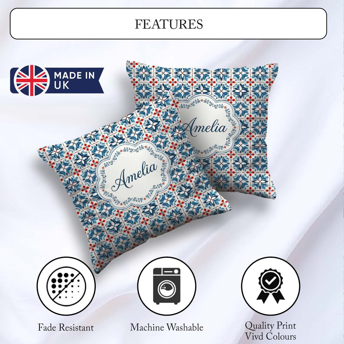 Custom Name Blue Red Floral Tile Motif Seamless Pattern Lovely Square Filled Cushion Throw Pillow Sofa Bed Home Decor Zip Washable UK Made