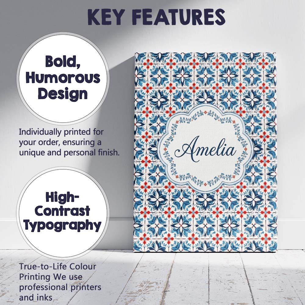 Personalised Name Traditional Blue Red Custom Modern Room Accent Elegant Feature Canvas Wall Art Print Decor Picture Ready to Hang