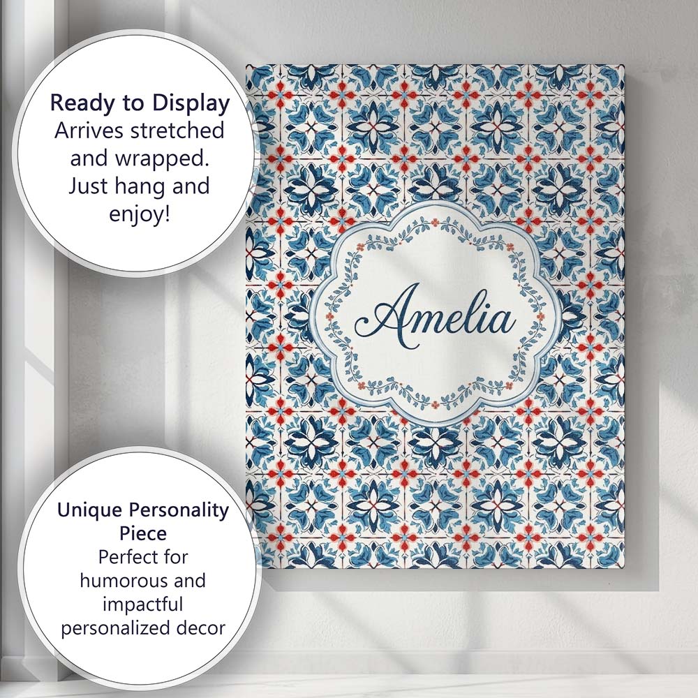 Personalised Name Traditional Blue Red Custom Modern Room Accent Elegant Feature Canvas Wall Art Print Decor Picture Ready to Hang