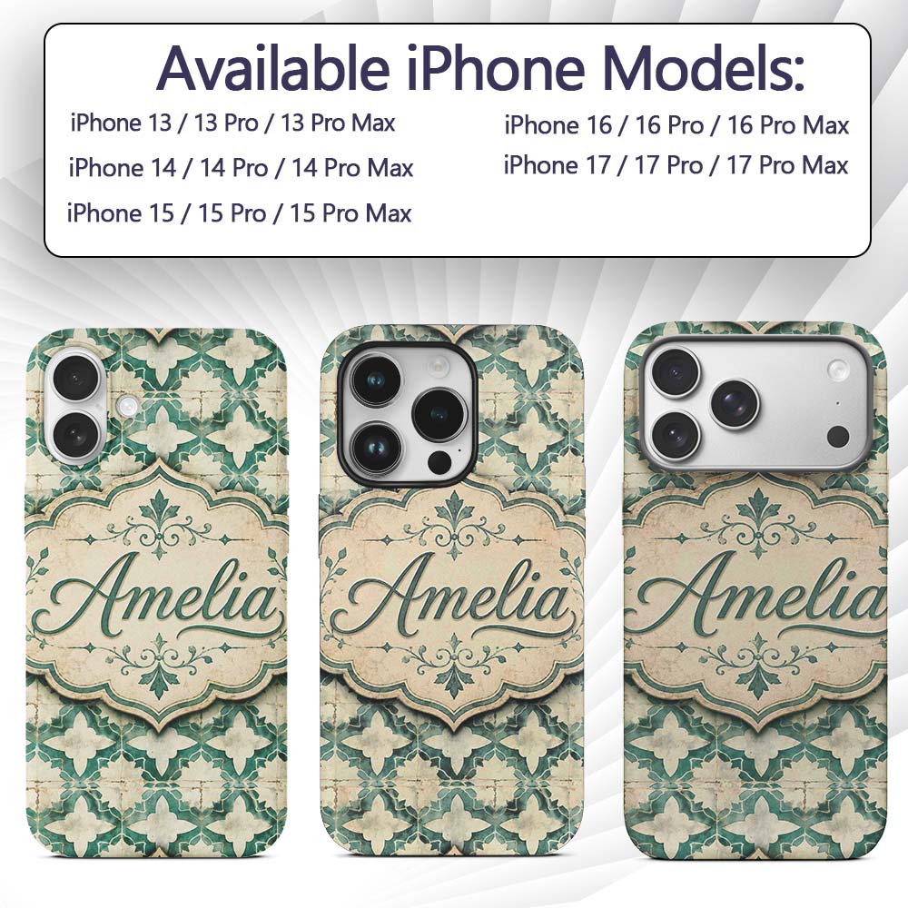 Vintage Distressed Moroccan Tile Green and Cream Custom Name Protective Phone Case Mobile Cover Durable Everyday Smartphone Shock Resistant