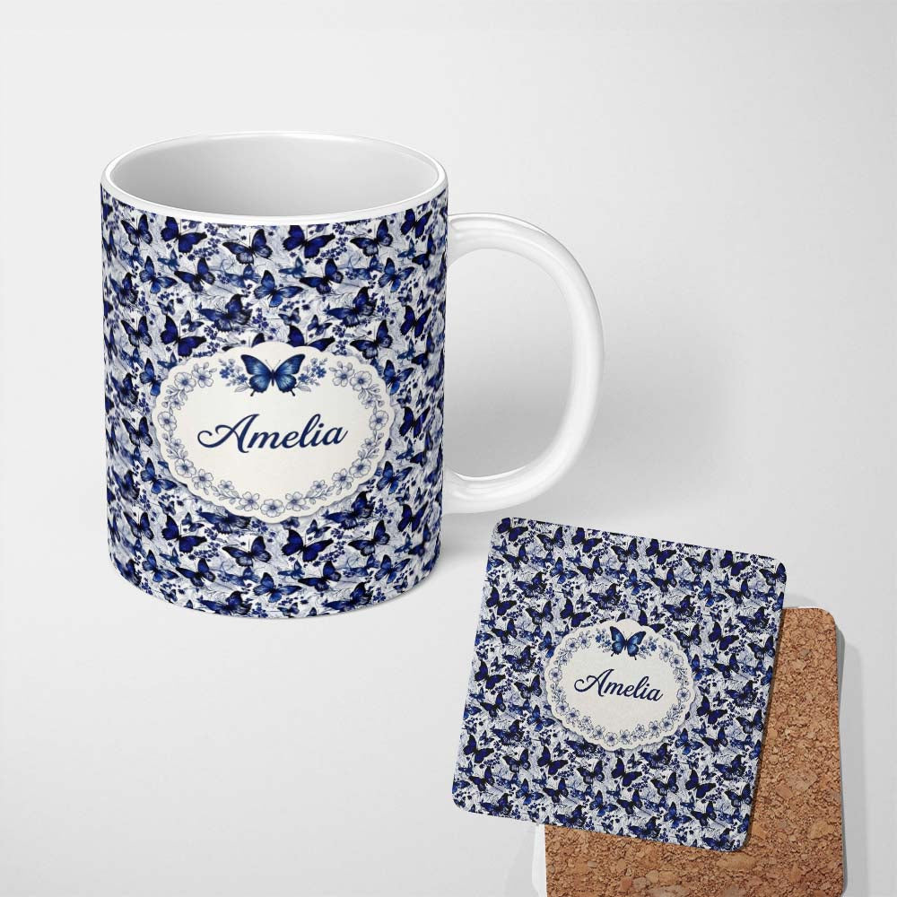Personalized Custom Name Blue Butterfly Garden Floral Detailed Seamless Pattern Lovely 11oz Ceramic Coffee Tea Mug White Large Handle