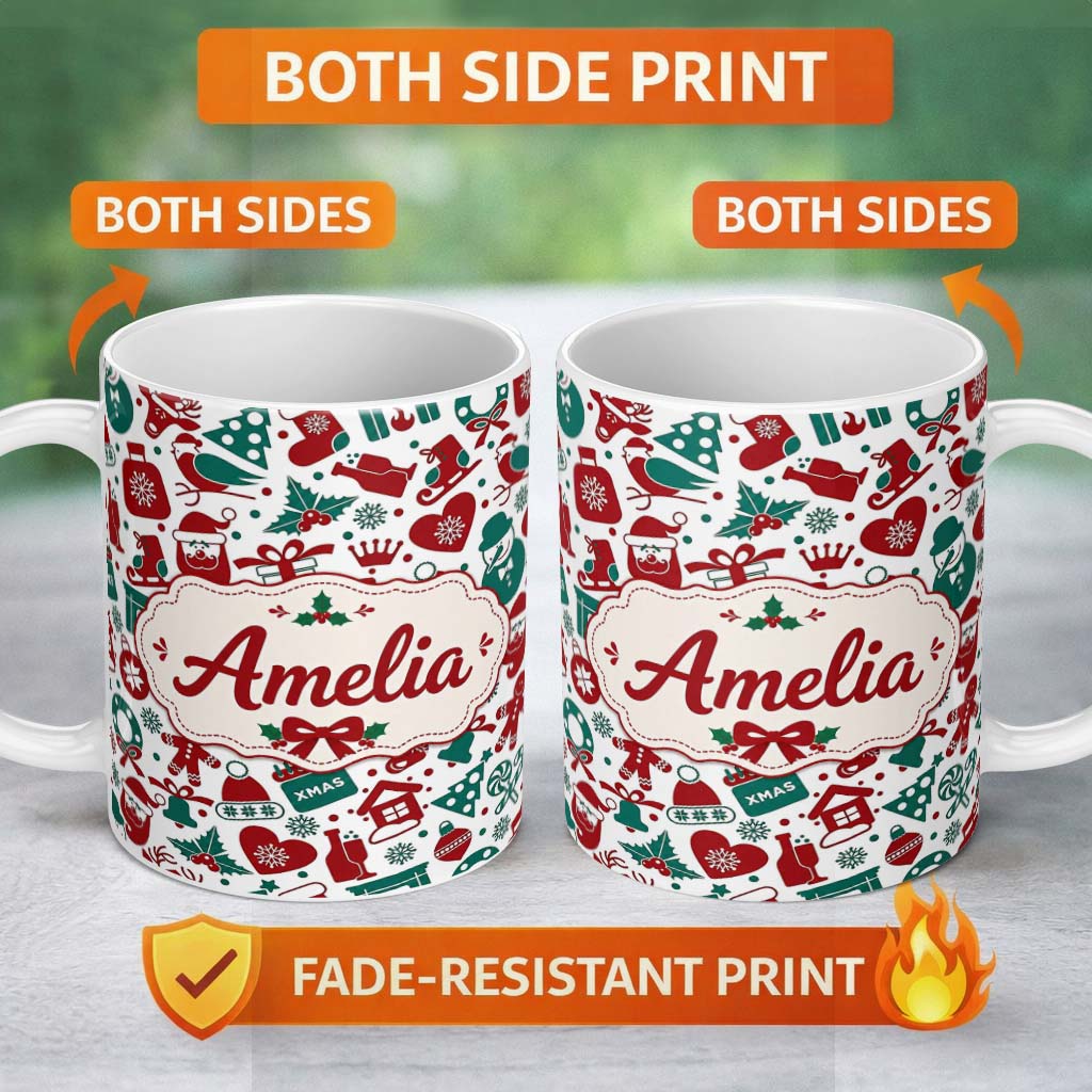 Personalized Custom Name Festive Christmas Santa Gift Snowman Seamless Pattern Lovely 11oz Ceramic Coffee Tea Mug White Large Handle