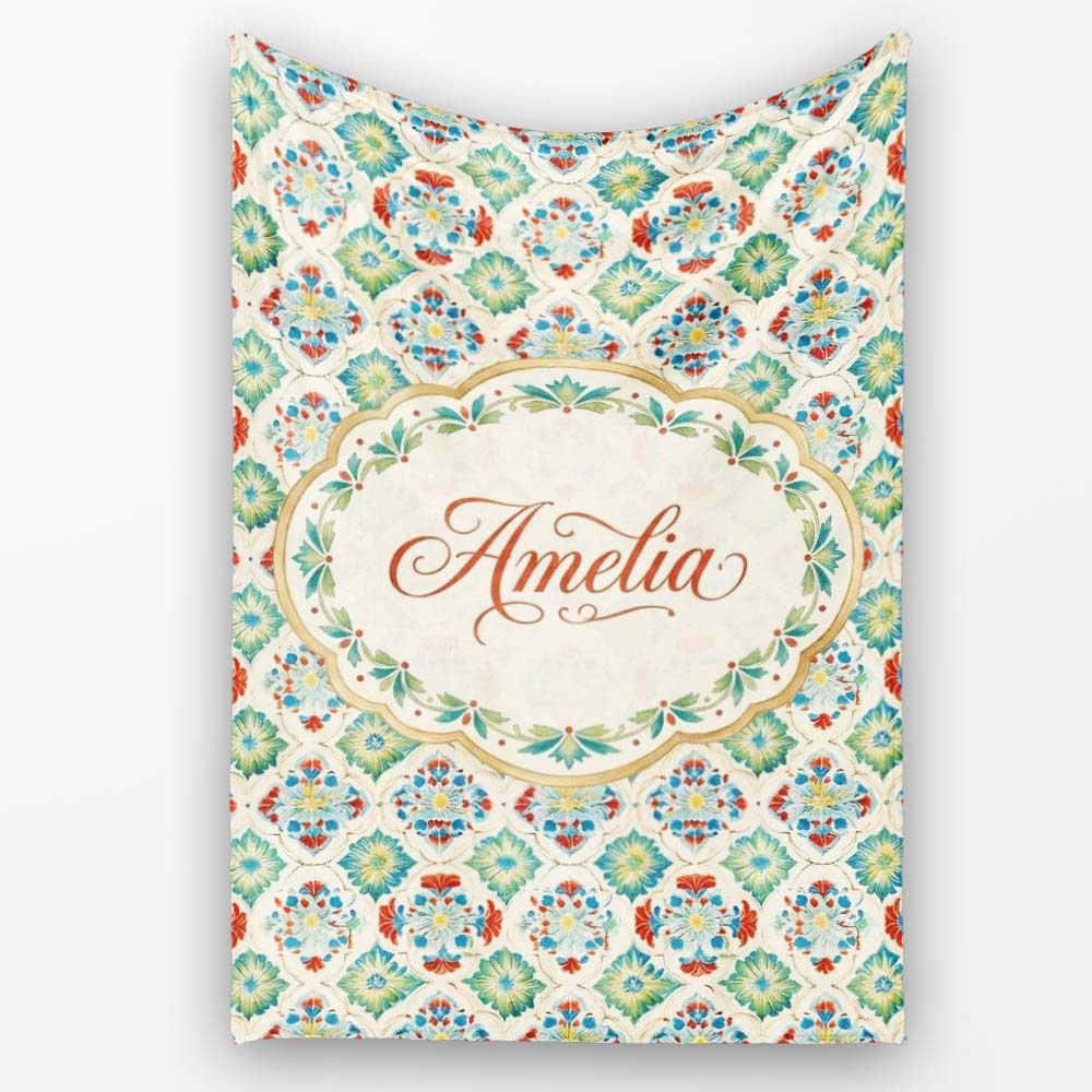 Colorful Ornamental Floral Tile Red Blue and Green Seamless Pattern Personalised Custom Name Super Soft Fleece Blanket Bed Sofa Throw
