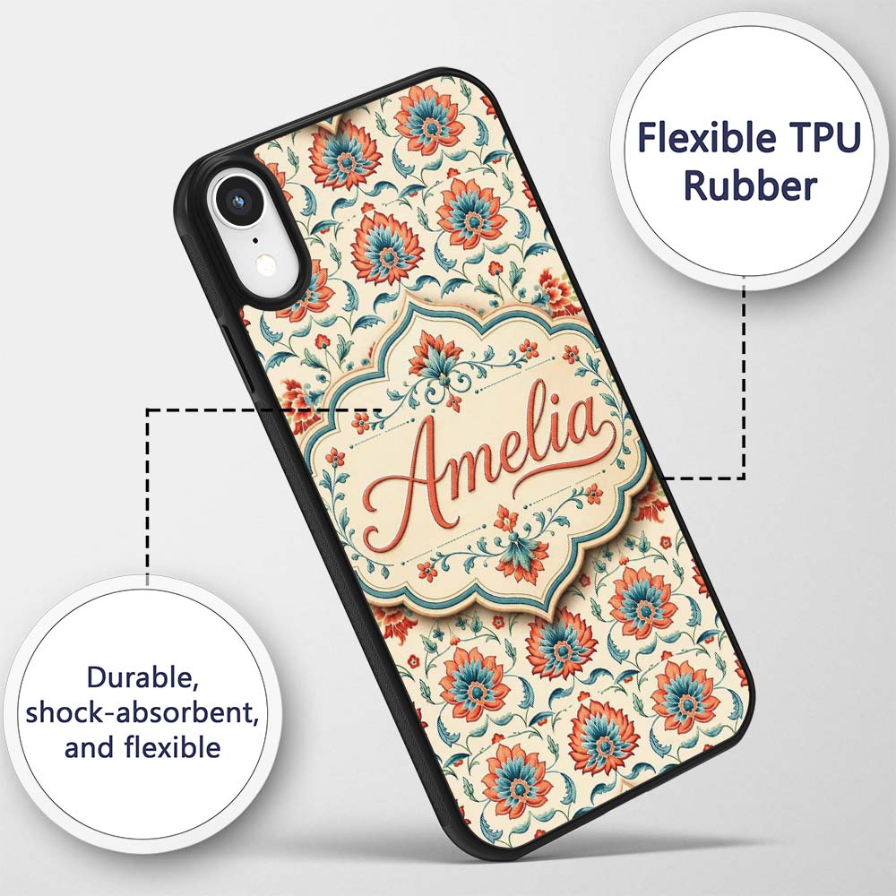 Elegant Folk Floral Pattern Red Teal and Cream Custom Name Protective Phone Case Mobile Cover Durable Everyday Smartphone Shock Resistant