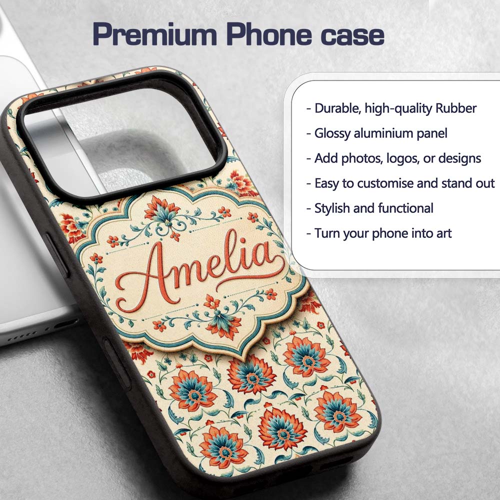 Elegant Folk Floral Pattern Red Teal and Cream Custom Name Protective Phone Case Mobile Cover Durable Everyday Smartphone Shock Resistant