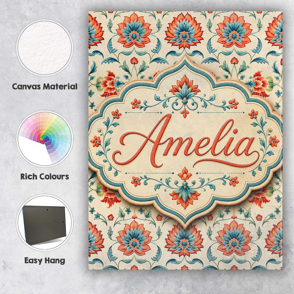 Personalised Name Elegant Folk Floral Custom Modern Room Accent Creative Decorator Style Canvas Wall Art Print Decor Picture Ready to Hang