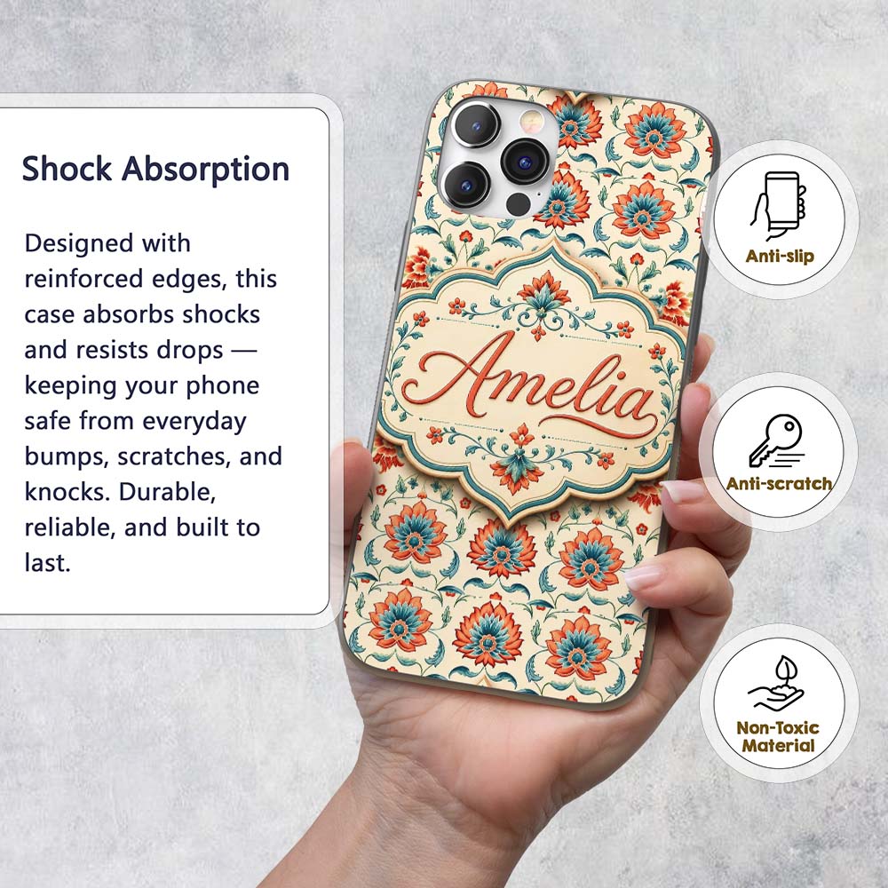Elegant Folk Floral Pattern Red Teal and Cream Custom Name Protective Phone Case Mobile Cover Durable Everyday Smartphone Shock Resistant