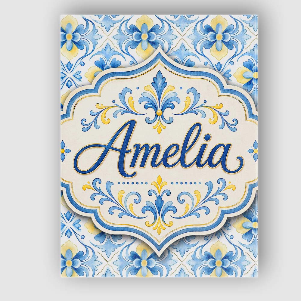 Personalised Name Classic Blue Yellow Tile Custom Unique Gift Idea Elegant Feature Canvas Wall Art Print Decor Picture Ready to Hang