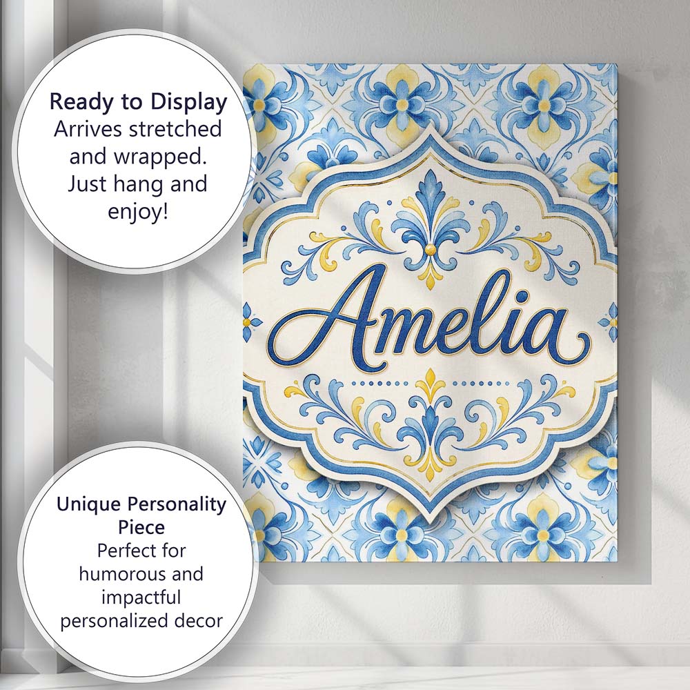 Personalised Name Classic Blue Yellow Tile Custom Unique Gift Idea Elegant Feature Canvas Wall Art Print Decor Picture Ready to Hang