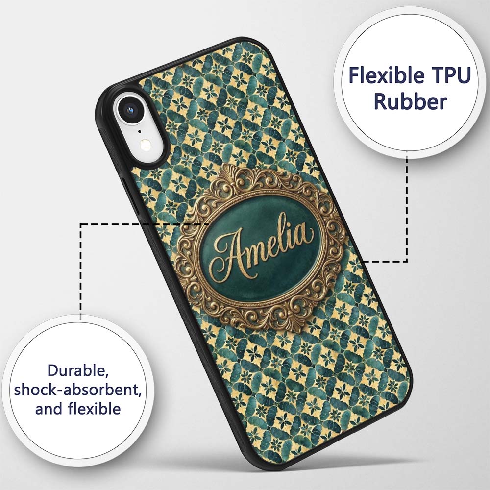 Luxury Art Deco Tile Gold and Teal Geometric Custom Name Protective Phone Case Mobile Cover Durable Everyday Smartphone Shock Resistant