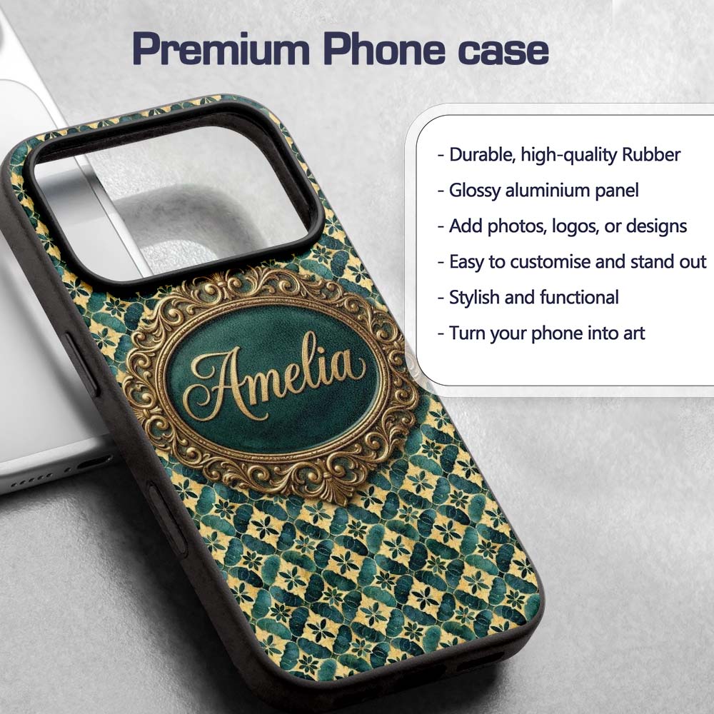 Luxury Art Deco Tile Gold and Teal Geometric Custom Name Protective Phone Case Mobile Cover Durable Everyday Smartphone Shock Resistant