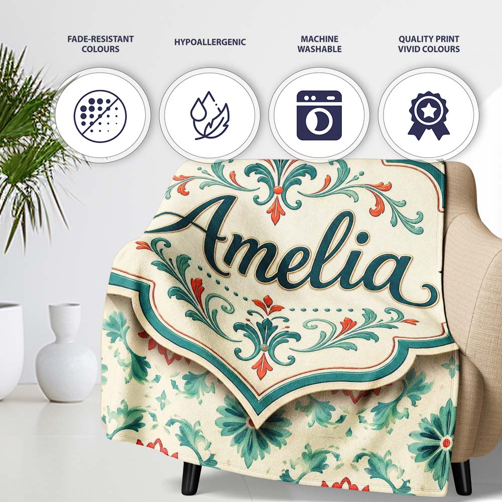 Vintage Inspired Floral Medallion Teal and Red Seamless Pattern Personalised Custom Name Super Soft Fleece Blanket Bed Sofa Throw