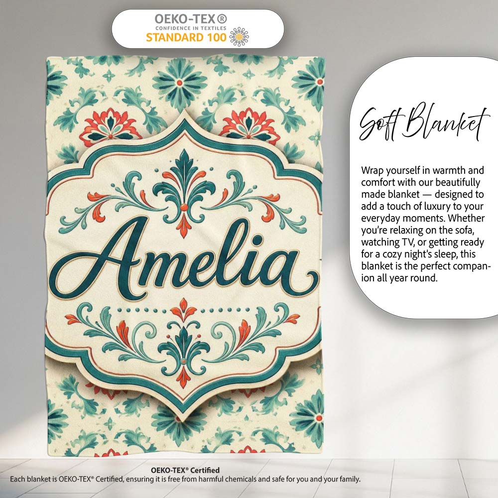 Vintage Inspired Floral Medallion Teal and Red Seamless Pattern Personalised Custom Name Super Soft Fleece Blanket Bed Sofa Throw