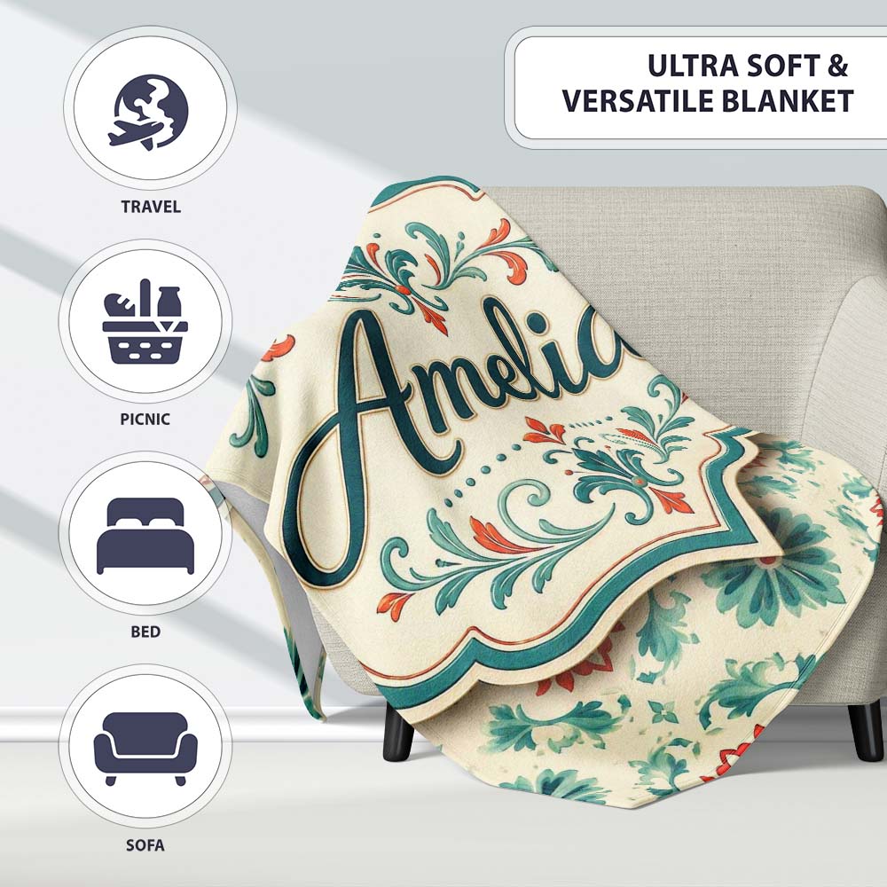 Vintage Inspired Floral Medallion Teal and Red Seamless Pattern Personalised Custom Name Super Soft Fleece Blanket Bed Sofa Throw