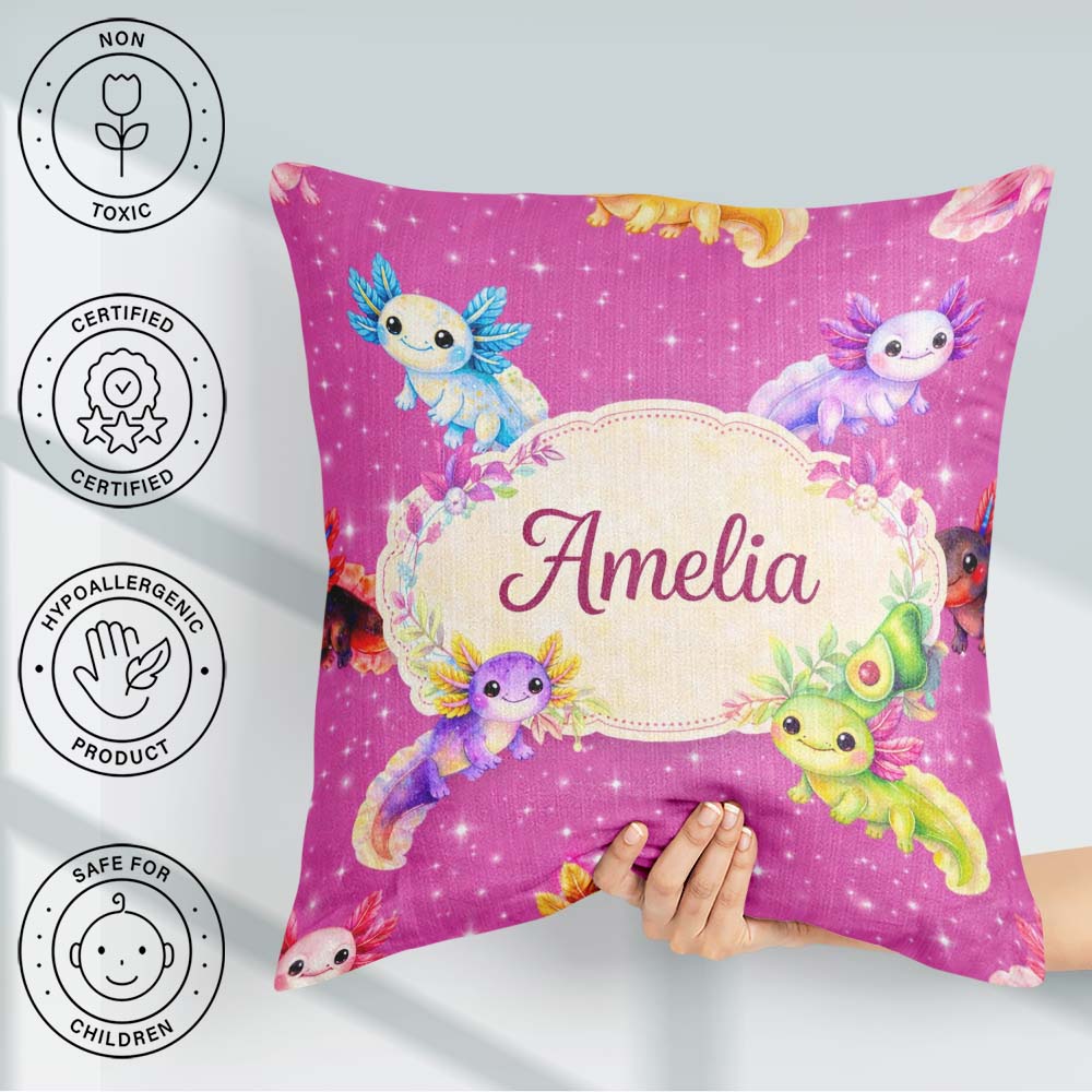 Custom Name Pink Axolotl Cartoon Seamless Pattern Kawaii Fantasy Square Filled Cushion Throw Pillow Sofa Bed Home Decor Zip Washable UK Made