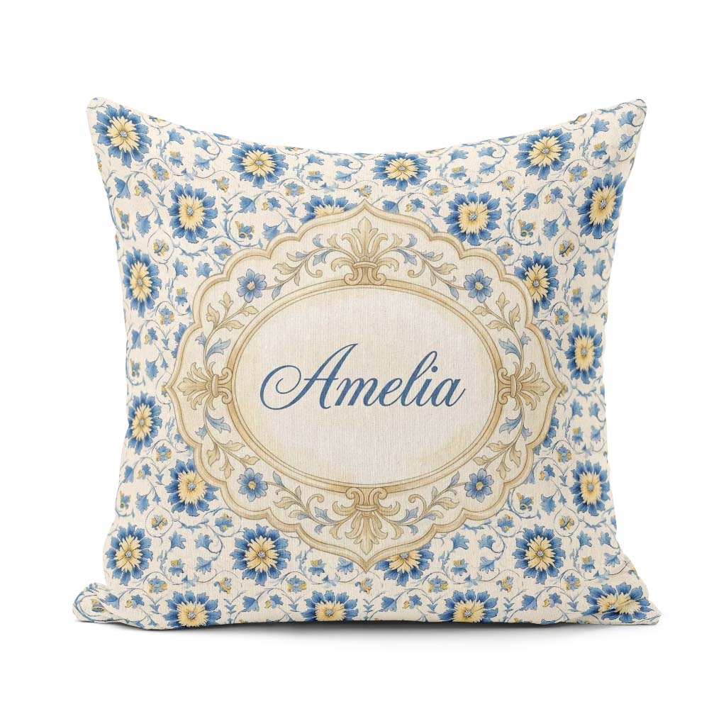 Custom Name Traditional Blue Floral Vine Pattern Cream Seamless Square Filled Cushion Throw Pillow Sofa Bed Home Decor Zip Washable UK Made