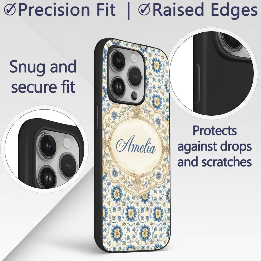 Traditional Blue Floral Vine Decorative Design Custom Name Protective Phone Case Mobile Cover Durable Everyday Smartphone Shock Resistant