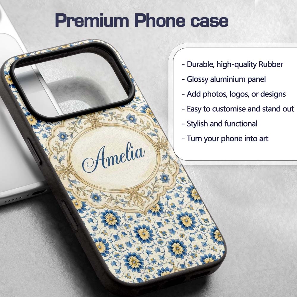 Traditional Blue Floral Vine Decorative Design Custom Name Protective Phone Case Mobile Cover Durable Everyday Smartphone Shock Resistant