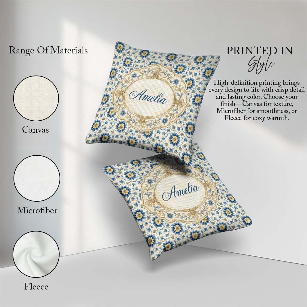 Custom Name Traditional Blue Floral Vine Pattern Cream Seamless Square Filled Cushion Throw Pillow Sofa Bed Home Decor Zip Washable UK Made