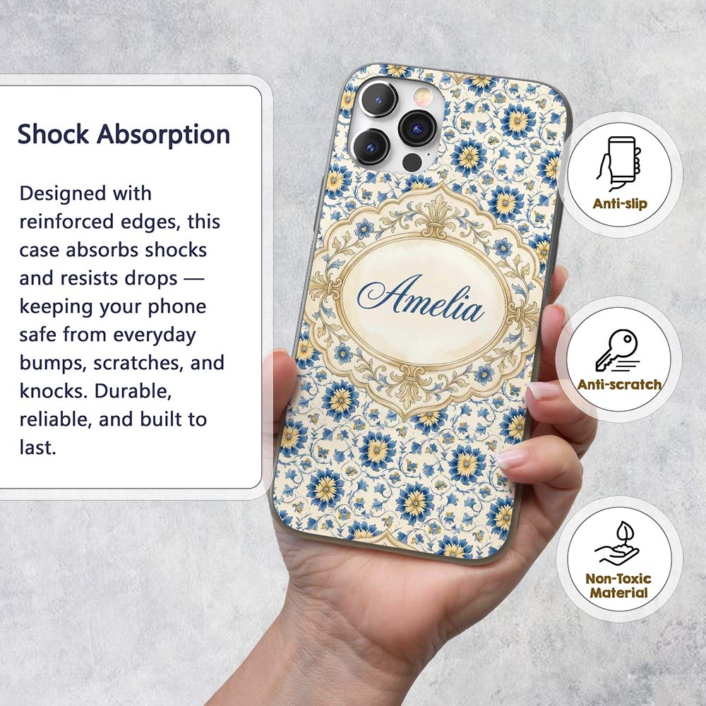 Traditional Blue Floral Vine Decorative Design Custom Name Protective Phone Case Mobile Cover Durable Everyday Smartphone Shock Resistant