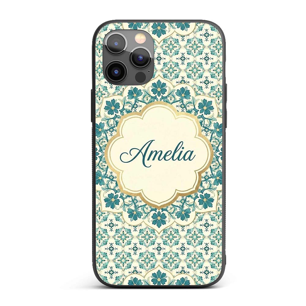 Elegant Teal Floral Tile Medallion Printed Design Custom Name Protective Phone Case Mobile Cover Durable Everyday Smartphone Shock Resistant