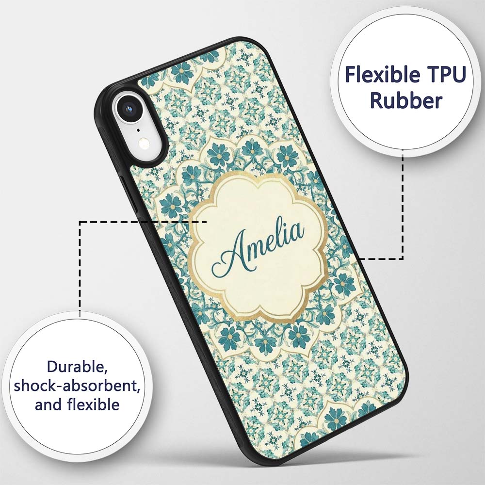 Elegant Teal Floral Tile Medallion Printed Design Custom Name Protective Phone Case Mobile Cover Durable Everyday Smartphone Shock Resistant