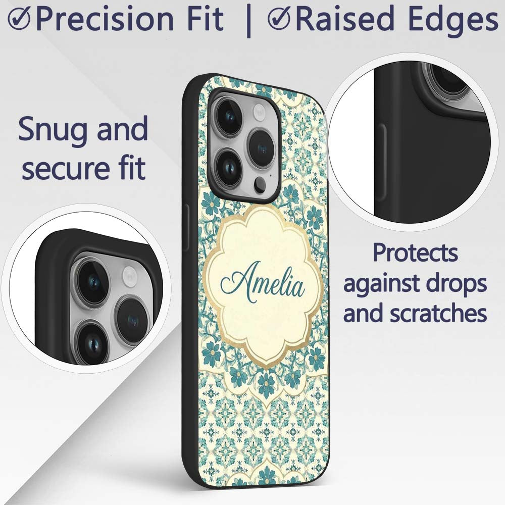Elegant Teal Floral Tile Medallion Printed Design Custom Name Protective Phone Case Mobile Cover Durable Everyday Smartphone Shock Resistant