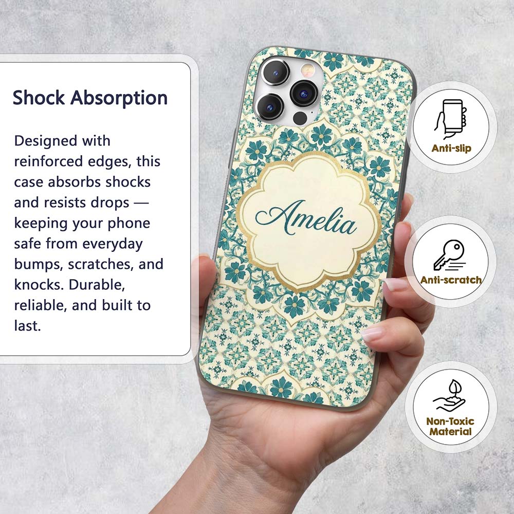 Elegant Teal Floral Tile Medallion Printed Design Custom Name Protective Phone Case Mobile Cover Durable Everyday Smartphone Shock Resistant
