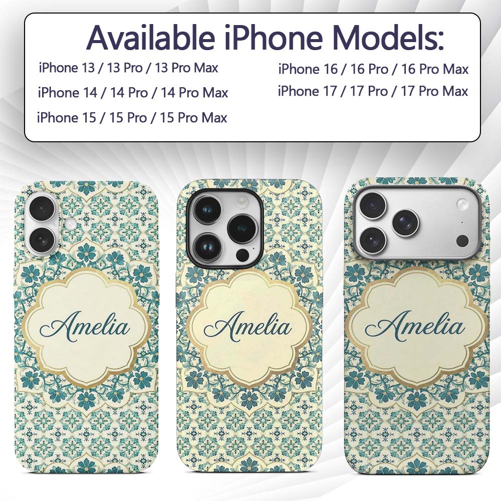 Elegant Teal Floral Tile Medallion Printed Design Custom Name Protective Phone Case Mobile Cover Durable Everyday Smartphone Shock Resistant