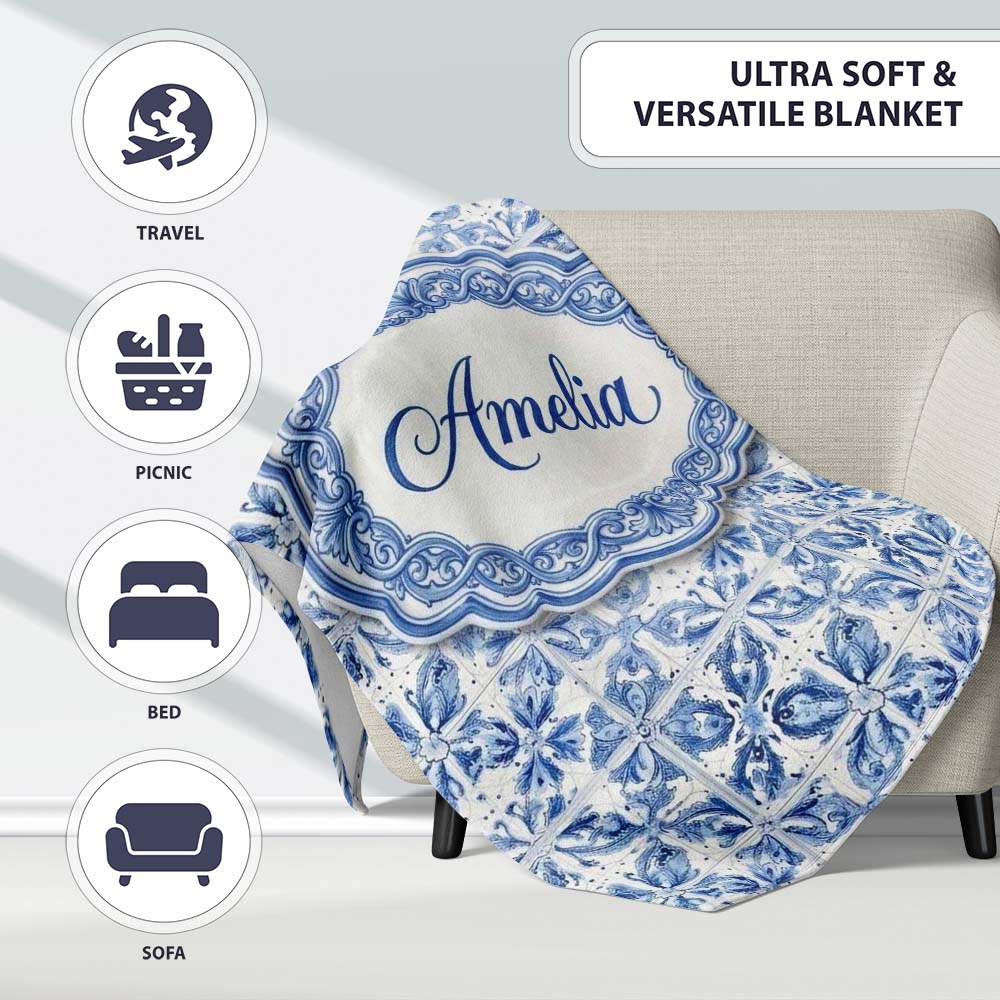 Classic Blue White Portuguese Tile Floral Seamless Pattern Lovely Personalised Custom Name Super Soft Fleece Blanket Bed Sofa Throw