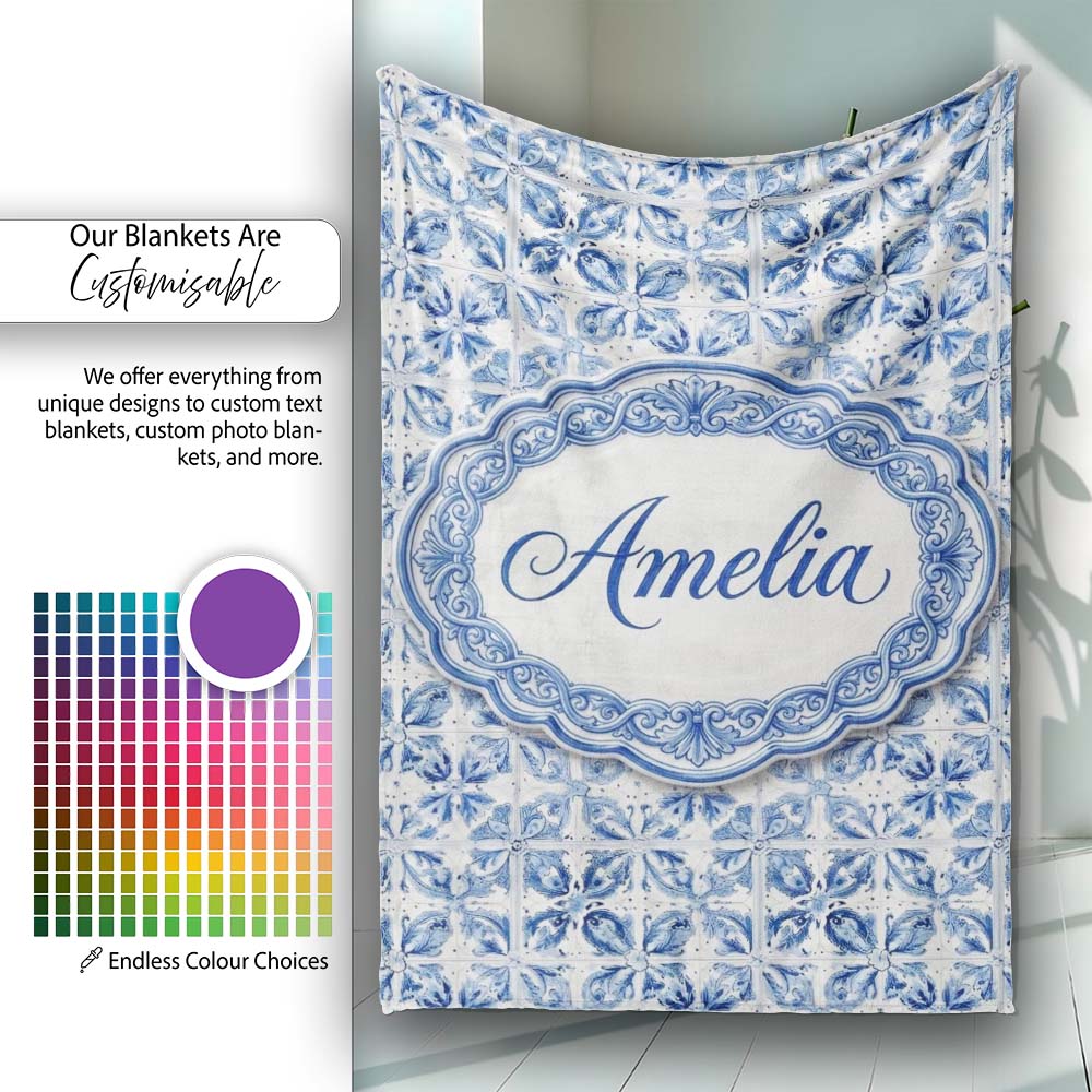 Classic Blue White Portuguese Tile Floral Seamless Pattern Lovely Personalised Custom Name Super Soft Fleece Blanket Bed Sofa Throw