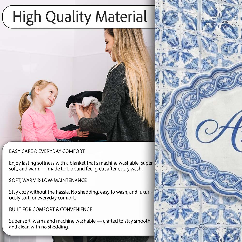 Classic Blue White Portuguese Tile Floral Seamless Pattern Lovely Personalised Custom Name Super Soft Fleece Blanket Bed Sofa Throw