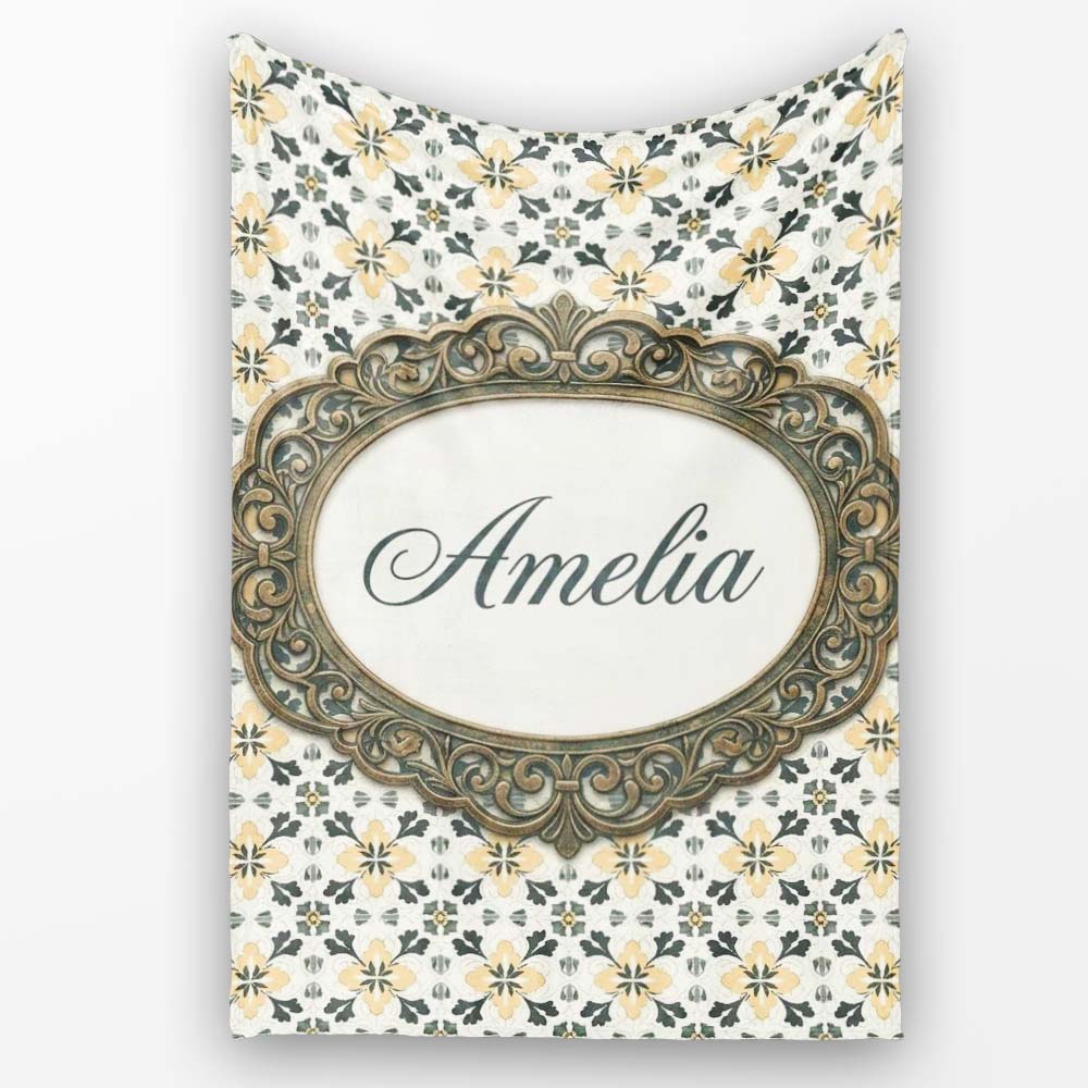 Stylish Black Gold Floral Tile Motif Seamless Pattern Lovely Personalised Custom Name Super Soft Fleece Blanket Bed Sofa Throw
