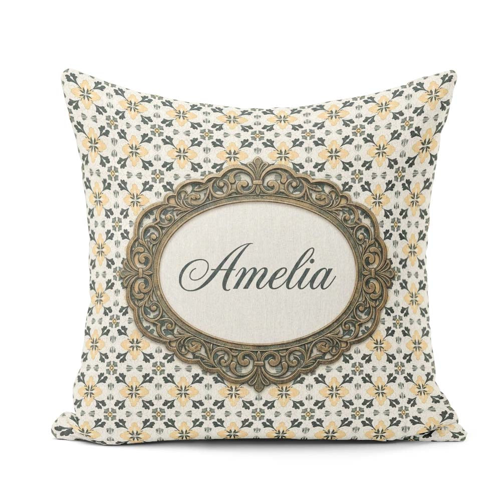 Custom Name Black Gold Floral Tile Motif Seamless Pattern Lovely Square Filled Cushion Throw Pillow Sofa Bed Home Decor Zip Washable UK Made