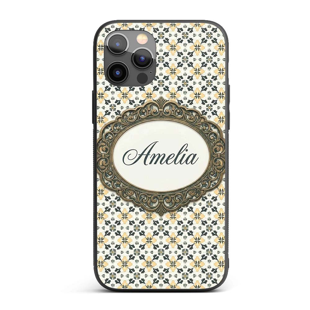 Stylish Black Gold Floral Tile Motif Seamless Custom Name Protective Phone Case Mobile Cover Durable Everyday Smartphone Shock Resistant