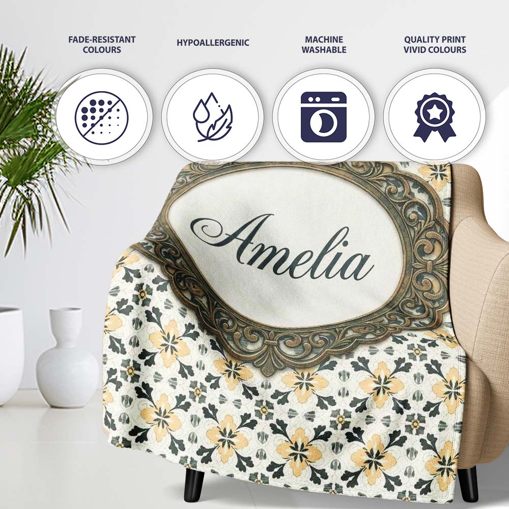 Stylish Black Gold Floral Tile Motif Seamless Pattern Lovely Personalised Custom Name Super Soft Fleece Blanket Bed Sofa Throw