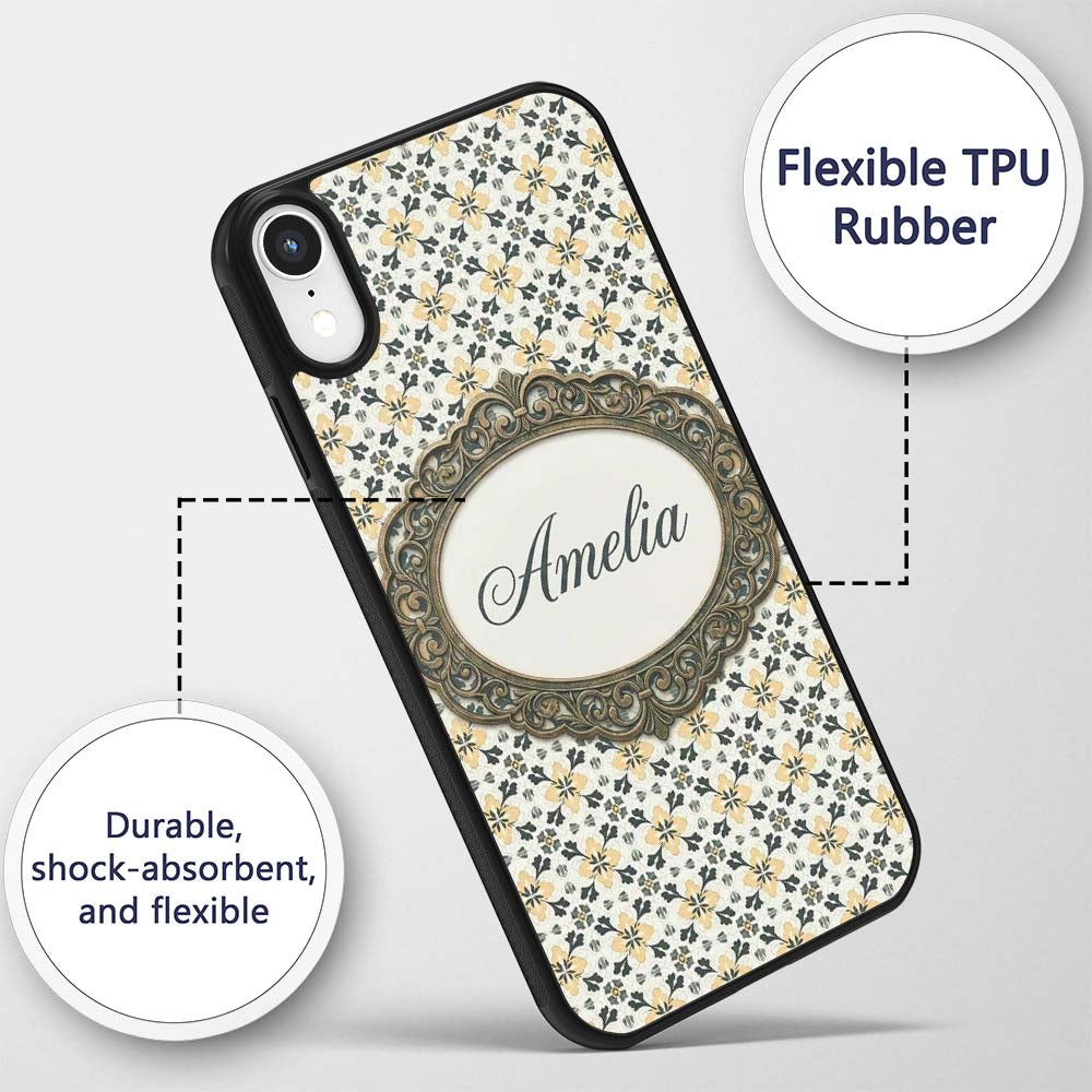 Stylish Black Gold Floral Tile Motif Seamless Custom Name Protective Phone Case Mobile Cover Durable Everyday Smartphone Shock Resistant