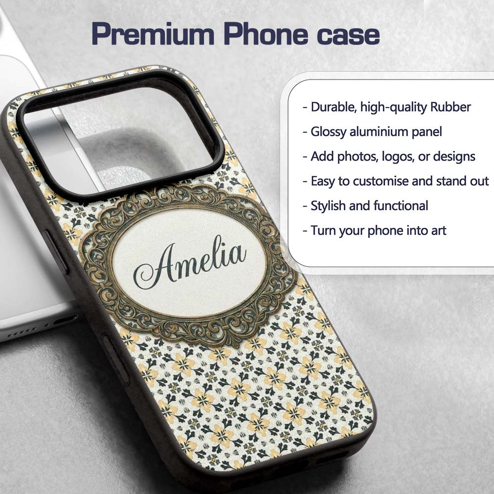 Stylish Black Gold Floral Tile Motif Seamless Custom Name Protective Phone Case Mobile Cover Durable Everyday Smartphone Shock Resistant