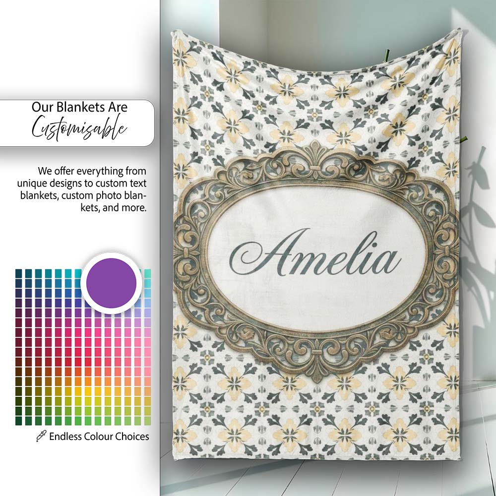 Stylish Black Gold Floral Tile Motif Seamless Pattern Lovely Personalised Custom Name Super Soft Fleece Blanket Bed Sofa Throw